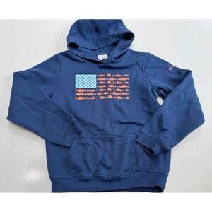 Columbia PFG Boys Navy Blue Fish Flag Fleece Hoodie Sweatshirt Size M 10/12